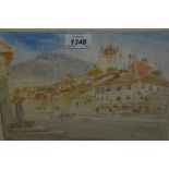 Albert Goodwin, ink and watercolour, street scene at Thun, with the Hotel de L' Ours, signed, 7.