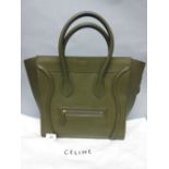 Celine of Paris mini luggage tote bag in smooth olive green leather,