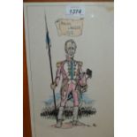 Set of eight framed ink and watercolour sketches, British and foreign military figures,