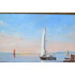 Gilt framed oil on board, sailing boat with other smaller boats, in a gilt swept frame, unsigned,