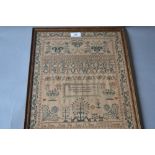 William IV needlework alphabet pictorial and motto sampler, signed Jane Swan, aged 10 years, 1832,