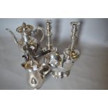 Pair of 19th Century circular plated candlesticks, plated coffee pot, spoon warmer,