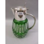 20th Century Bohemian green overlay glass and silver plate mounted lemonade jug with hinged lid and