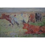Harry Becker, oil on canvas board, cattle in a pasture, 14ins x 17ins, unsigned,