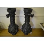 Pair of 19th / 20th Century Chinese dark patinated bronze baluster form vases decorated in high