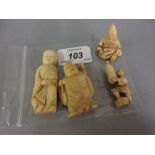 Three various early 20th Century Chinese carved ivory netsukes together with a small Chinese carved