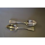 Pair of Victorian silver Fiddle pattern dessert spoons, Exeter,