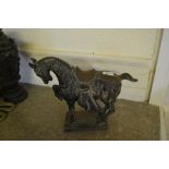 Patinated cast iron figure of a saddled horse in antique Chinese style,