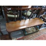 Victorian oak hall bench with bobbin turned back above a plank seat and bobbin turned supports