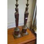 Pair of large brass and pottery table lamps decorated with classical figures CONDITION