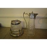 Cut glass claret jug with plated mounts,