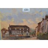 Sidney Foley, oil on board, street scene with figures at sunset, signed,