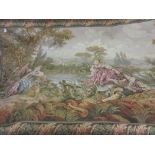 Machine woven tapestry panel, figures in an idyllic rural garden, 30ins x 50ins,