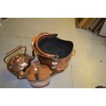 Copper helmet shaped coal scuttle, copper kettle,