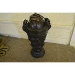 Late 19th / early 20th Century French dark patinated bronze lamp base decorated in relief with