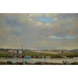 Charles Smith, oil on board, river landscape with sailing boats and distant church,