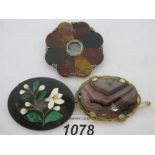 19th Century oval pietra dura brooch together with two agate set brooches