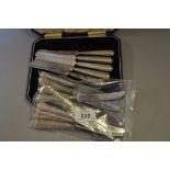 Quantity of silver handled Queens pattern cutlery and five silver handled dessert knives in fitted