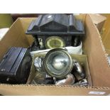 Box containing a quantity of vintage and veteran car lights and other accessories,