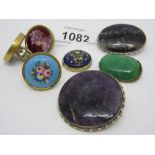 Circular Blue John inset brooch together with porcelain and gilt metal bachelor button,