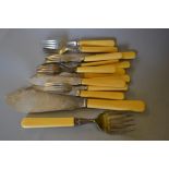 Set of six Sheffield silver bladed fish knives and forks, together with matching servers,