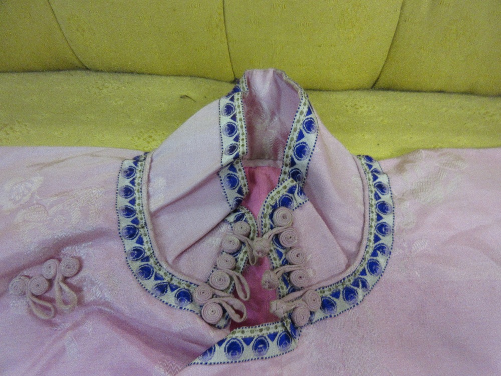 Pair of silk embroidered floral decorated slippers including further related clothing and head - Image 6 of 13