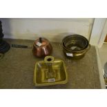 Brass chamberstick, copper lidded cooking pan, brass jardiniere stand etc.