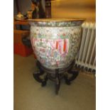 Large reproduction Chinese Canton porcelain jardiniere on wooden stand