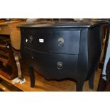 Pair of reproduction black painted bombe two drawer bedroom chests