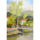 Continental oil on board, river landscape with bridge and cottages, indistinctly signed,