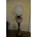 Arts and Crafts brass and glass oil lamp with opaque white glass shade CONDITION REPORT