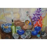 Margaret Harmsworth, oil on canvas, still life, flowers and drinking glasses etc.