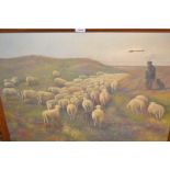 O' Connel, 20th Century oil on canvas, shepherd with sheep on a moorland, gilt framed,