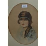 Oval mounted watercolour, portrait of a girl in 1920's dress, 14ins x 10ins, oak framed,