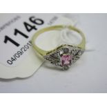 Small Art Deco style pink sapphire and diamond set ring with pierced lozenge shaped setting