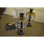 Pair of Regency style dark patinated and gilt bronze candlestick lustres together with an ormolu