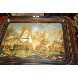 Large early 19th Century papier mache tray painted with a sea battle with various wooden war ships