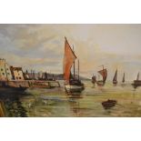 20th Century oil on canvas, harbour scene with fishing boats returning with the catch,