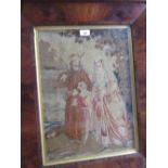 19th Century woolwork picture depicting figures in a landscape, inscribed Ann Dobson work,