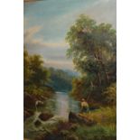George Barton, oil on canvas, fishermen on a country river, 36ins x 28ins,