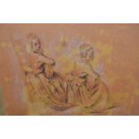 Pastel drawing on brown paper, two girls playing the guitar,