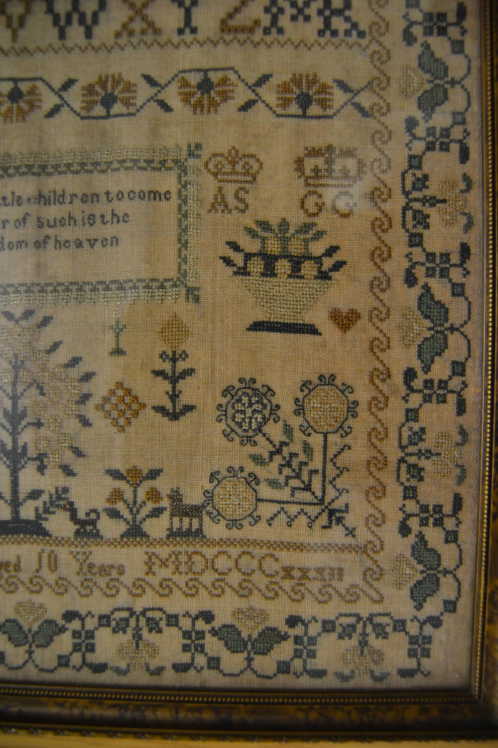 William IV needlework alphabet pictorial and motto sampler, signed Jane Swan, aged 10 years, 1832, - Image 4 of 5