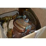 Box containing a quantity of various decorative brass including an Art Nouveau crumb scoop,