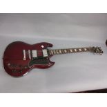 Encore SG type burgundy electric guitar with stand