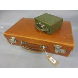 Brown leather suitcase and a small green leather jewellery box in the form of a suitcase