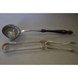 19th Century French silver sifter spoon with turned wooden handle,