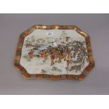 Japanese Kutani porcelain tray painted with figures in a river landscape,