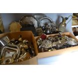 Three boxes containing a large quantity of miscellaneous silver plate