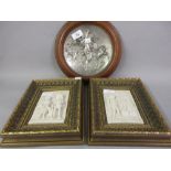 Silvered metal circular relief work plaque together with a pair of reproduction rectangular gilt