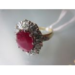 18ct Yellow gold oval ruby and diamond cluster ring